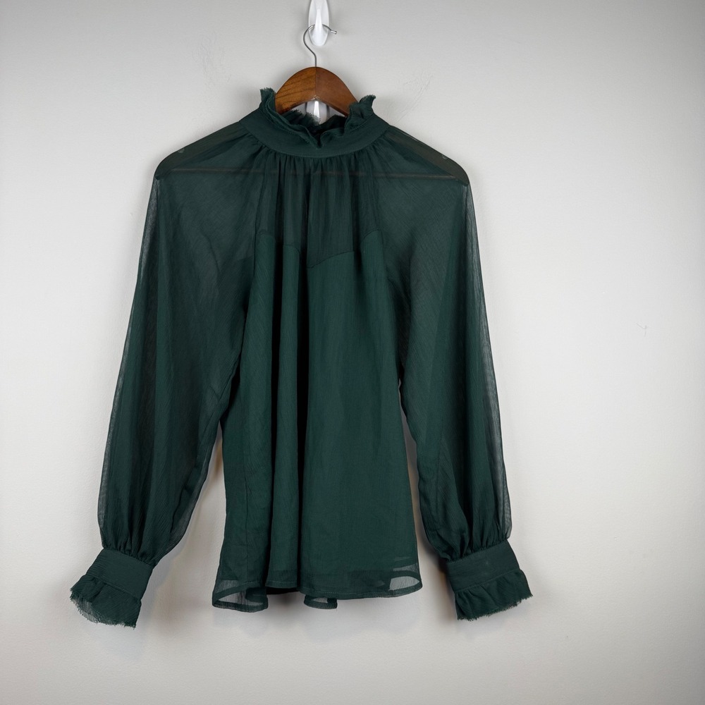 Whimsigoth Sheer Victorian Blouse Size M Green Ruffle Neck Chiffon Romantic Goth